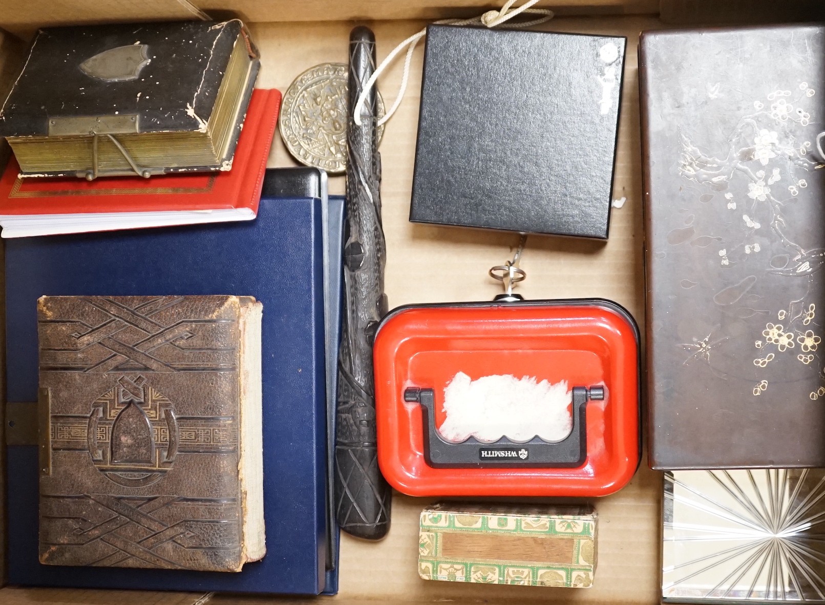 Irish bog oak truncheon, two Victorian photograph albums, coins, etc.